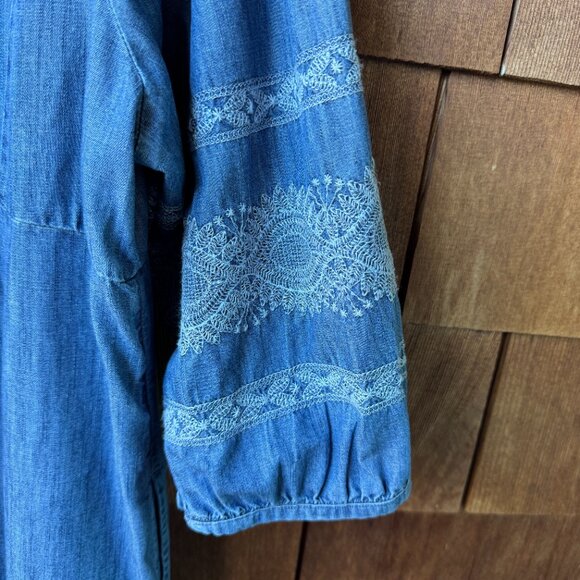 J Jill Denim Blue Boho Embroidered Dress Shift 3/4 Sleeve V-Neck - Petite Large - Picture 9 of 13